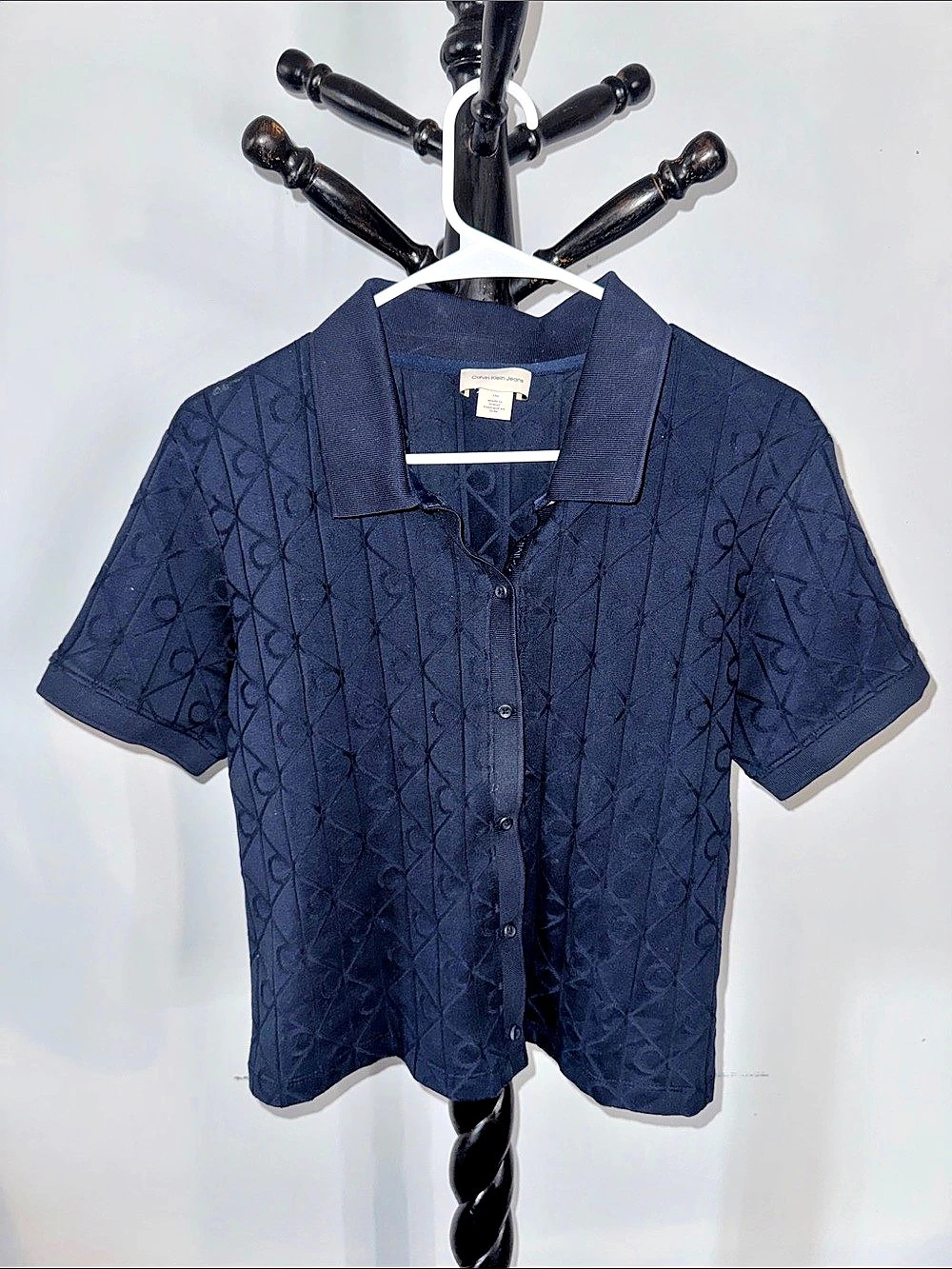 Calvin Klein Jeans Allover Monogram Logo Jacquard Polo Shirt Blue 31.T
